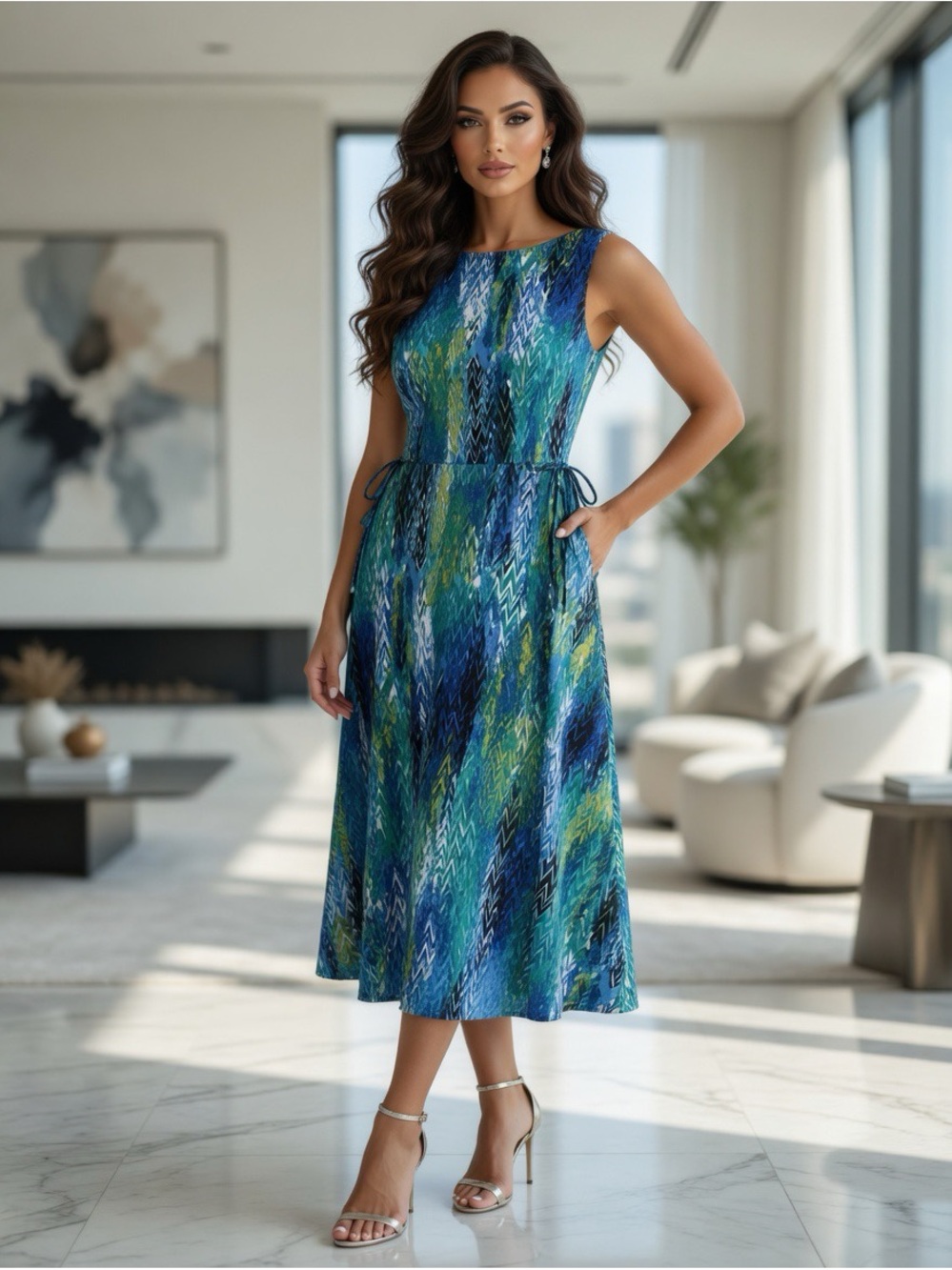 Jones Studio Blue-Green Printed Sleeveless Midi Dress